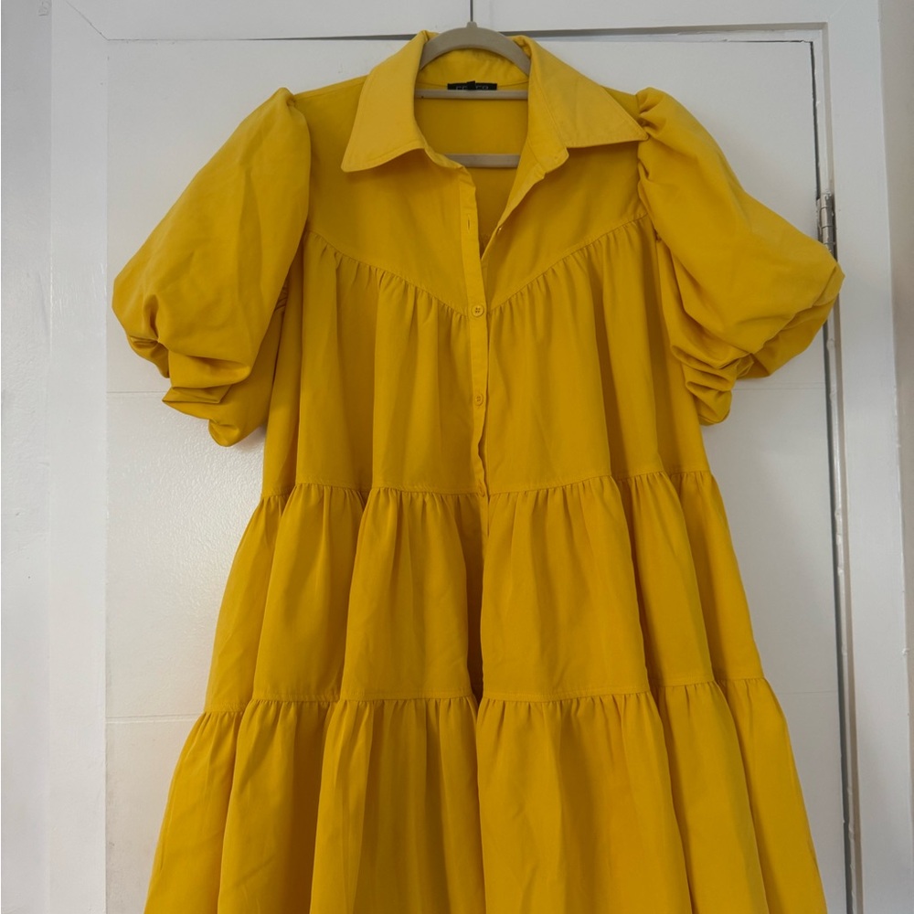 Yellow Puff Sleeve Tiered Dress